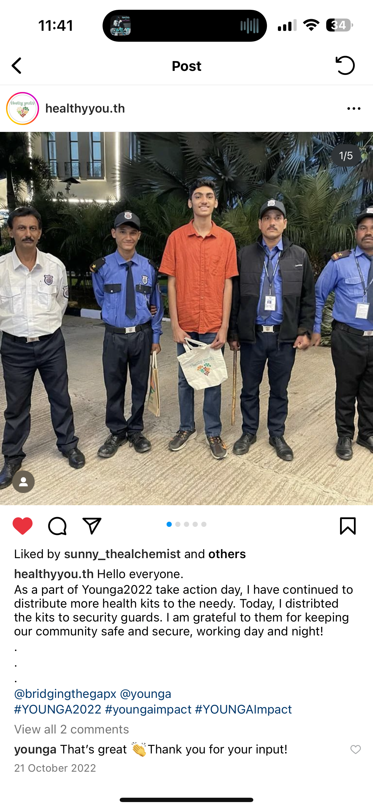 healthyyou.th on instagram sharing their experiencie on younga 2022: "Hello everyone. As a part of Younga2022 take action day, I have continued to distribute more health kits to the needy. Today, I distributed the kits to security guards. I am grateful to them for keeping our community safe and secure, working day and night!"